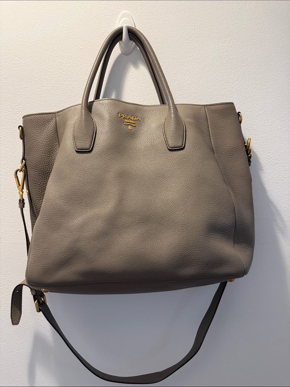 Prada Taupe Gray Pebbled Leather Tote with Gold Hardware